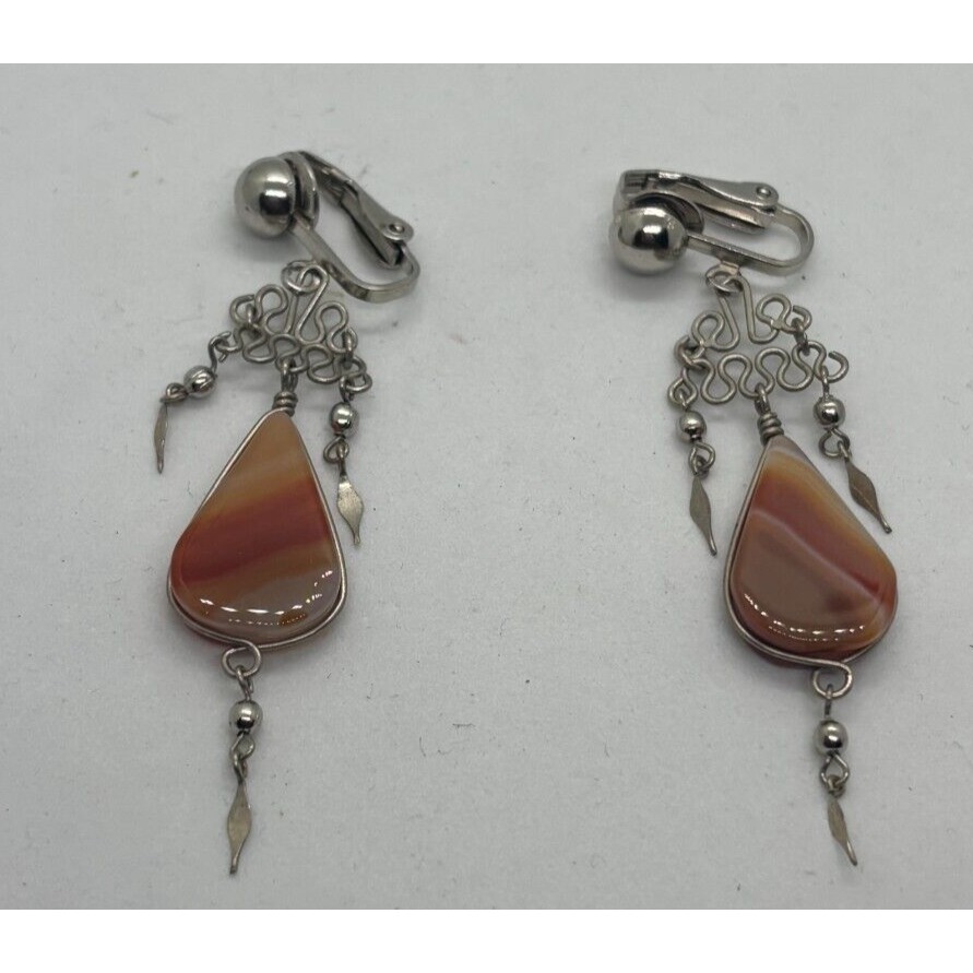Vintage Agate Dangle Earring In Silver Tone Clipon Boho Woodsy Style